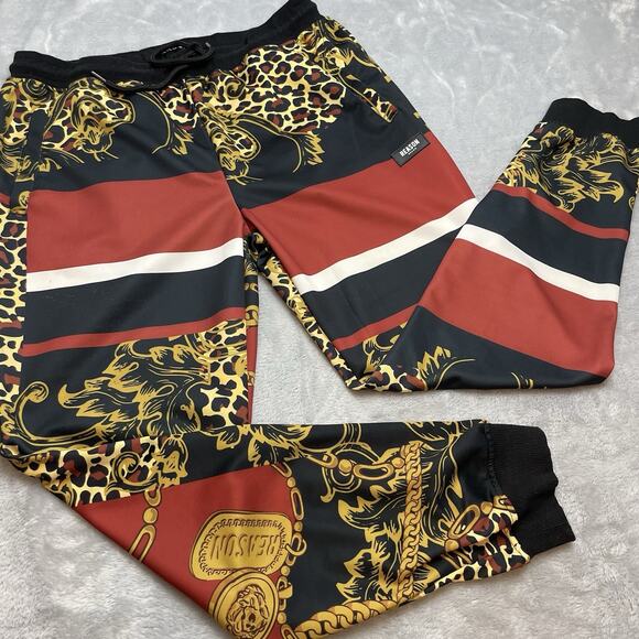 Reason Sweatpants Joggers Mens M Black Red Poly Knit Animal Print Old Money - Picture 1 of 8
